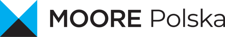 Logo MOORE Polska z niebieskim i czarnym elementem.