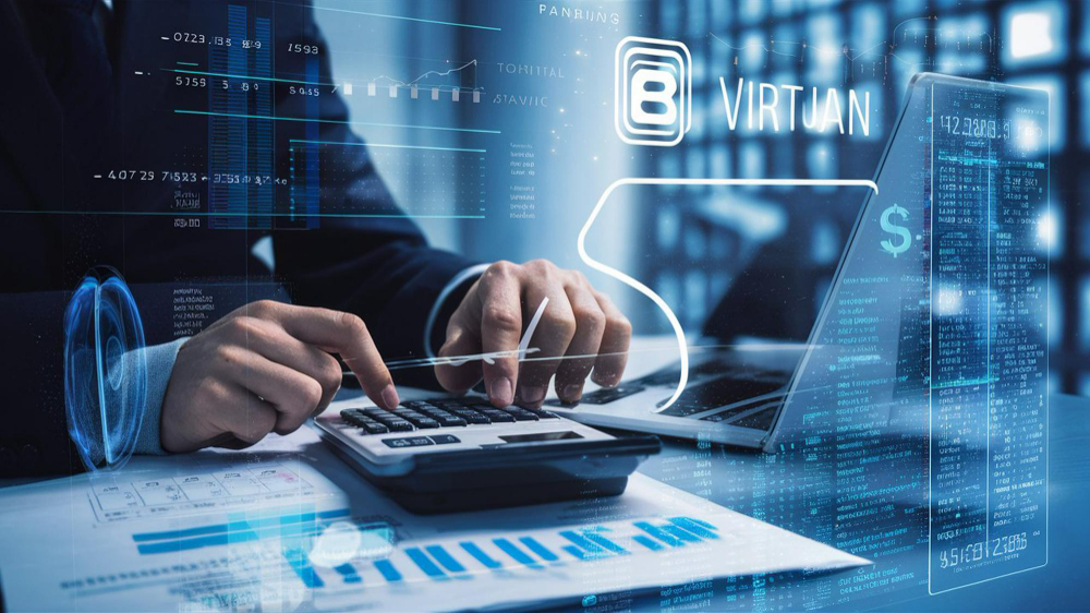 Businessman using calculator and laptop for finance.