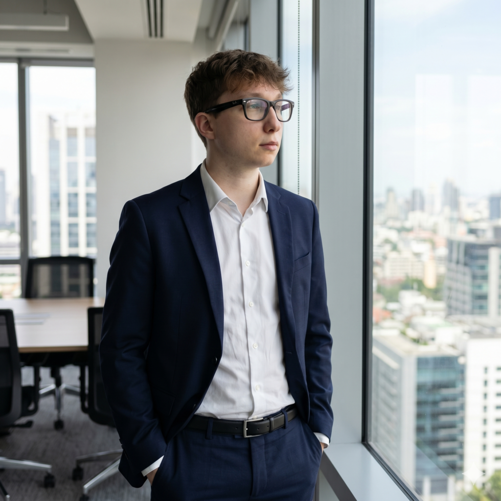 Business person in office suit gazing out window.