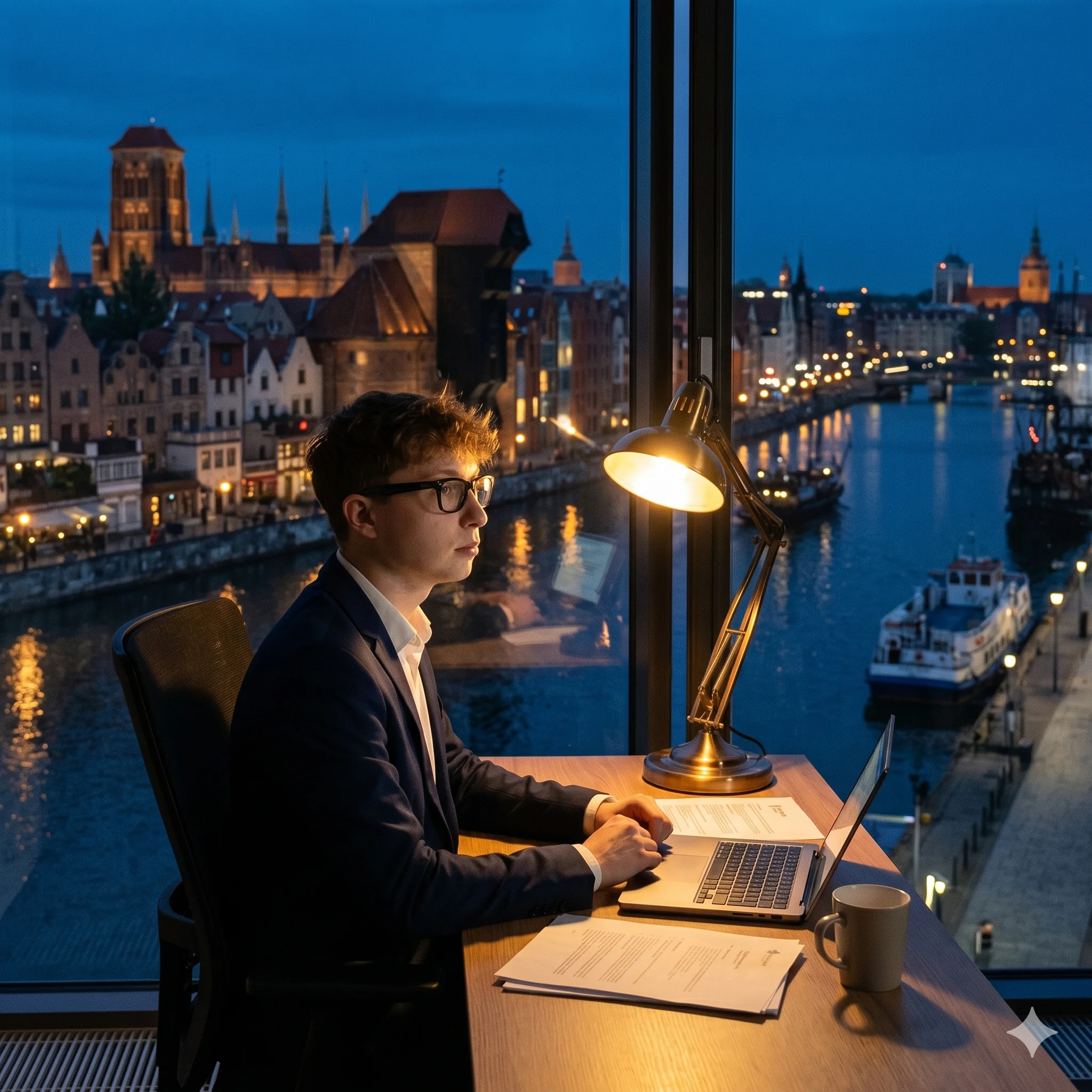 Man working in office overlooking river at dusk.