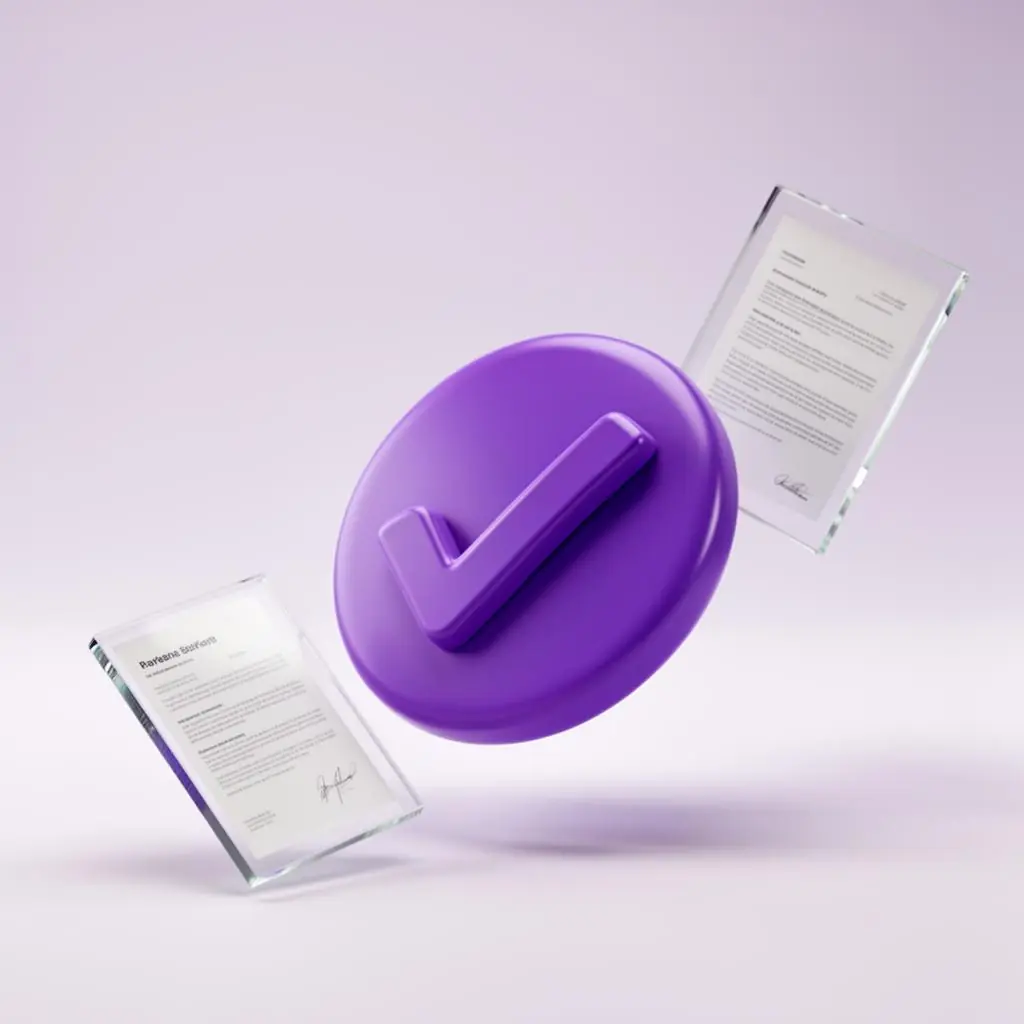 Purple check mark with floating documents.