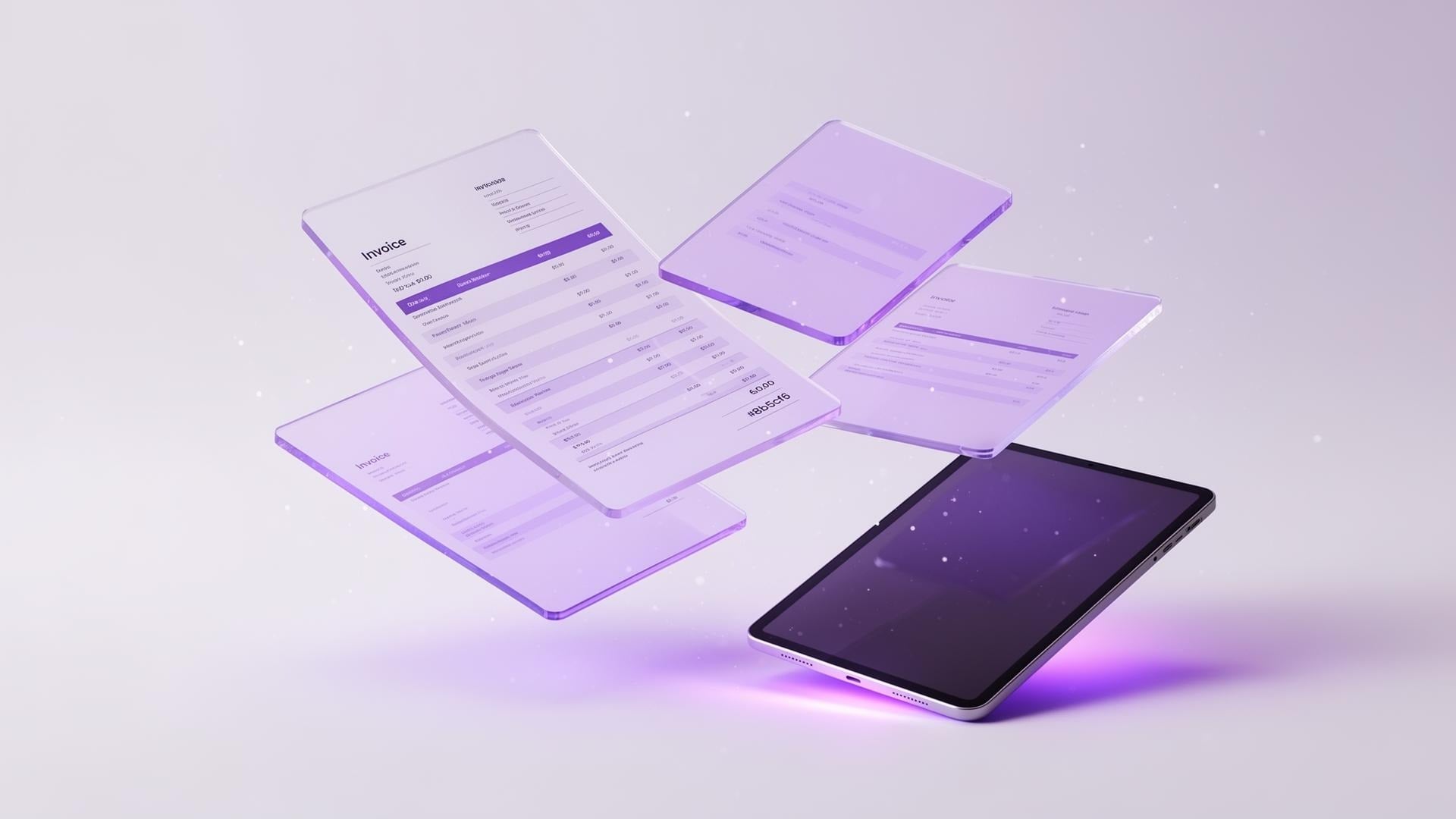 Floating digital invoices above a tablet screen.