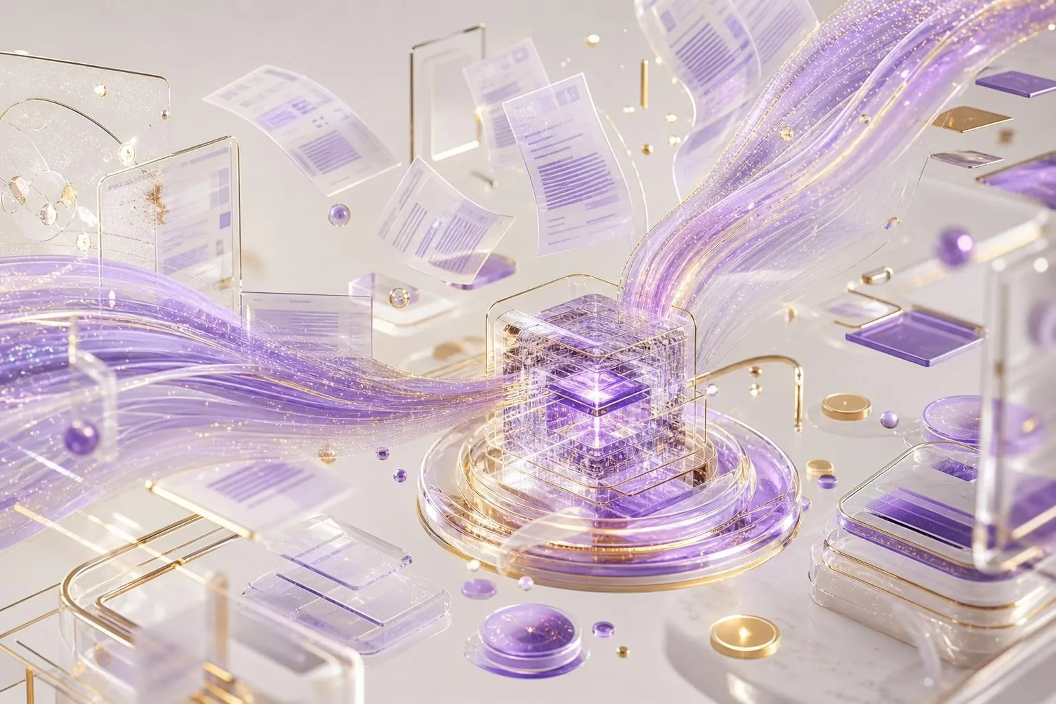 Futuristic digital data flow and circuit elements.