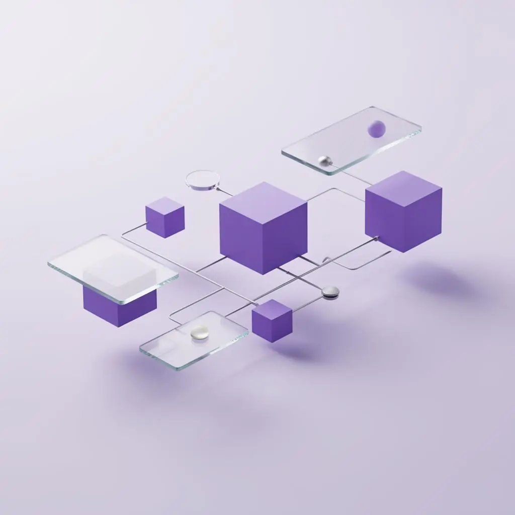 Abstract geometric diagram with cubes and glass panels.