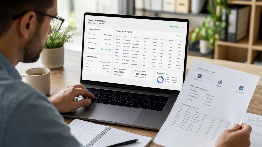 Man reviewing payout reconciliation on laptop and paper.