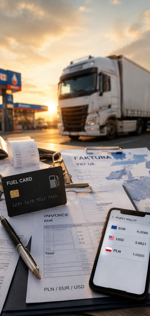 Fuel card, lorry, invoices, and exchange rates.