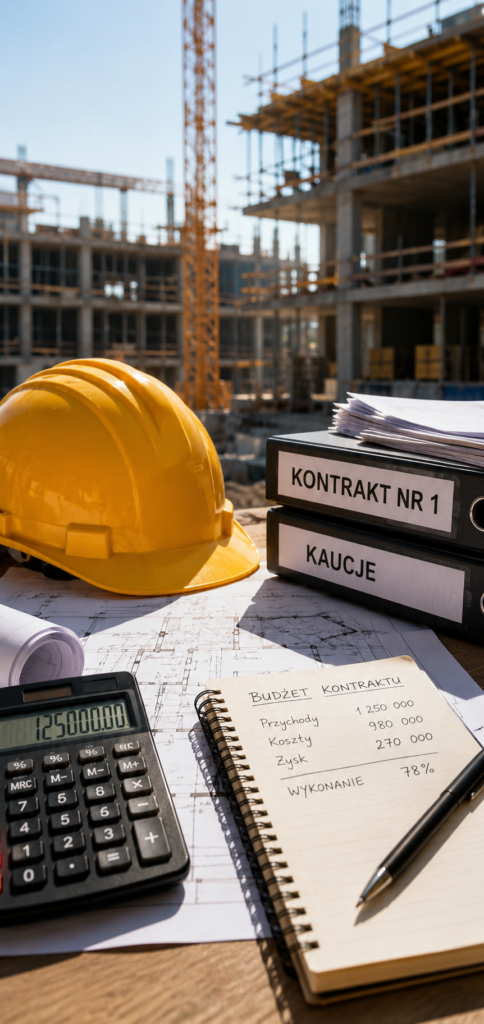 Construction site with hard hat and budget documents.
