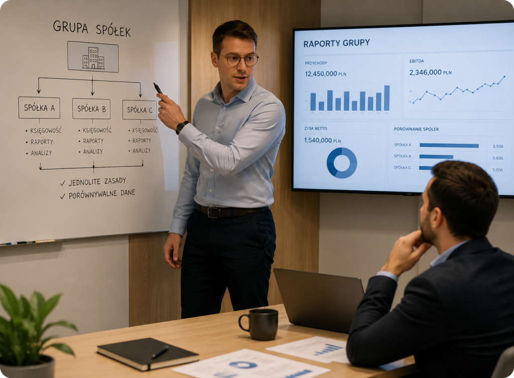 Business presentation with charts and graphs.