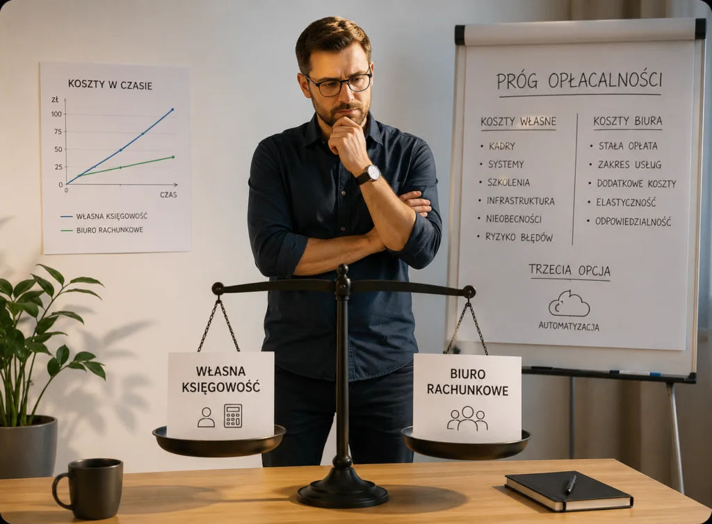Man comparing in-house accounting versus outsourcing options.