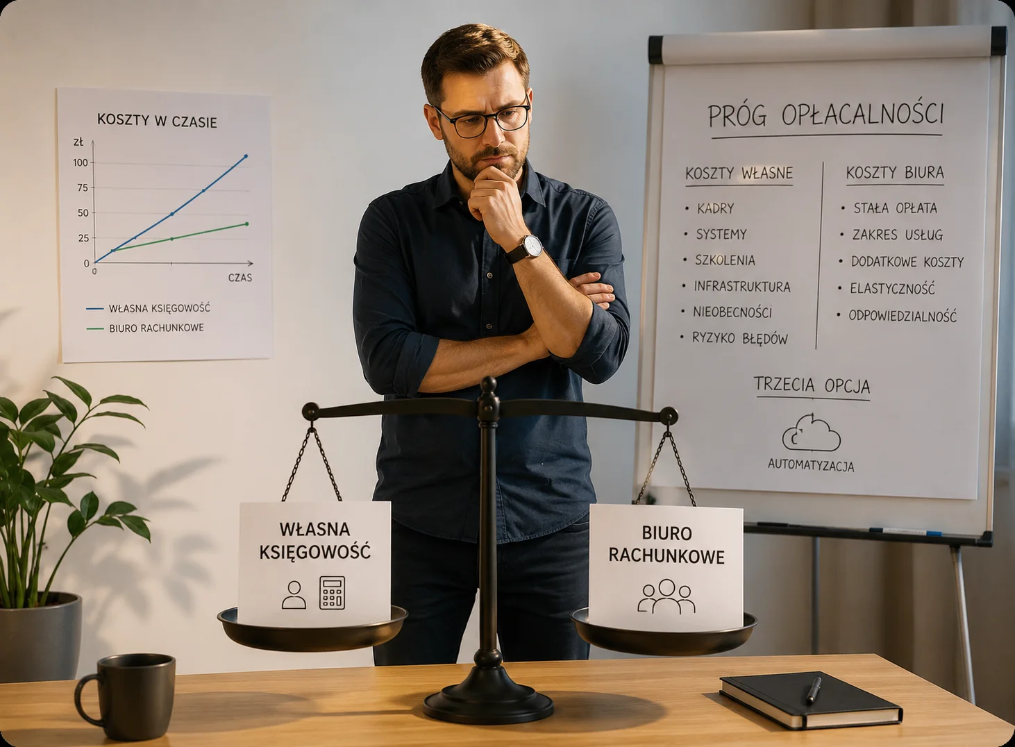 Man comparing in-house accounting versus outsourcing options.