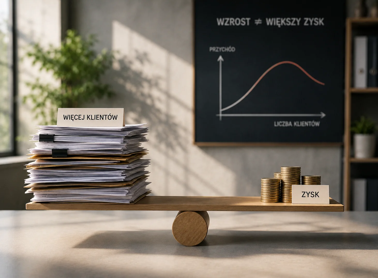 Balancing client paperwork and profit with graph background.