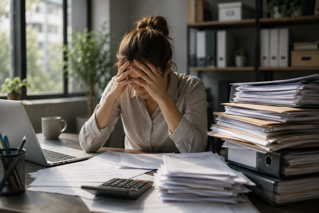 Stressed woman at desk with paperwork.