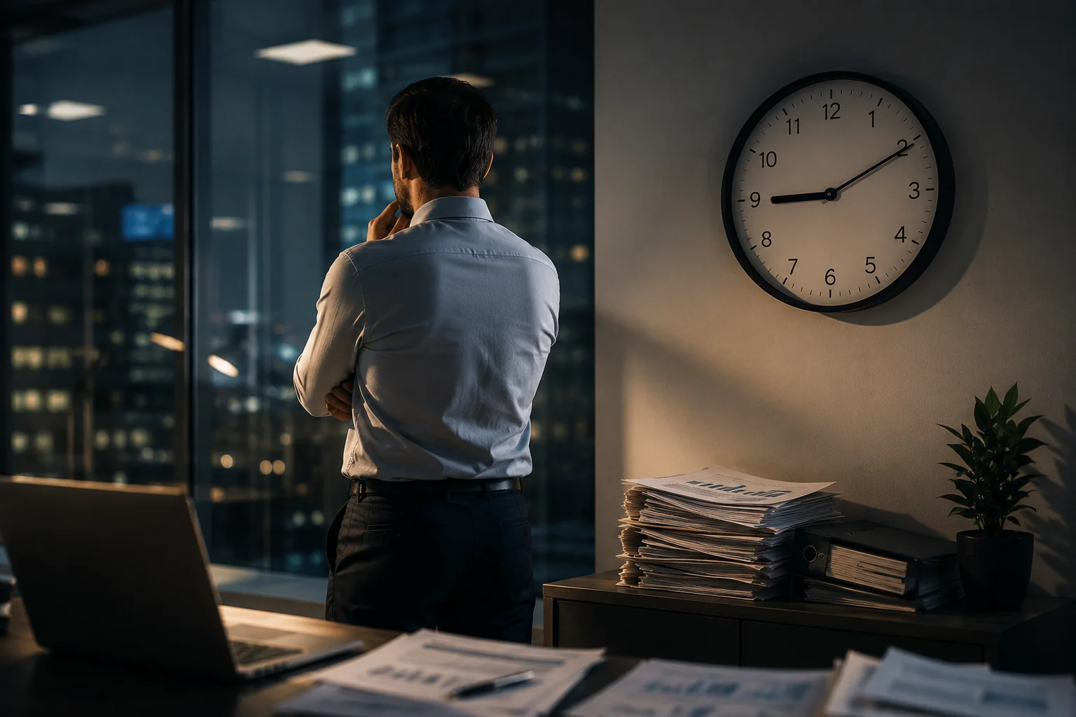Man at office desk, looking out window, nighttime.
