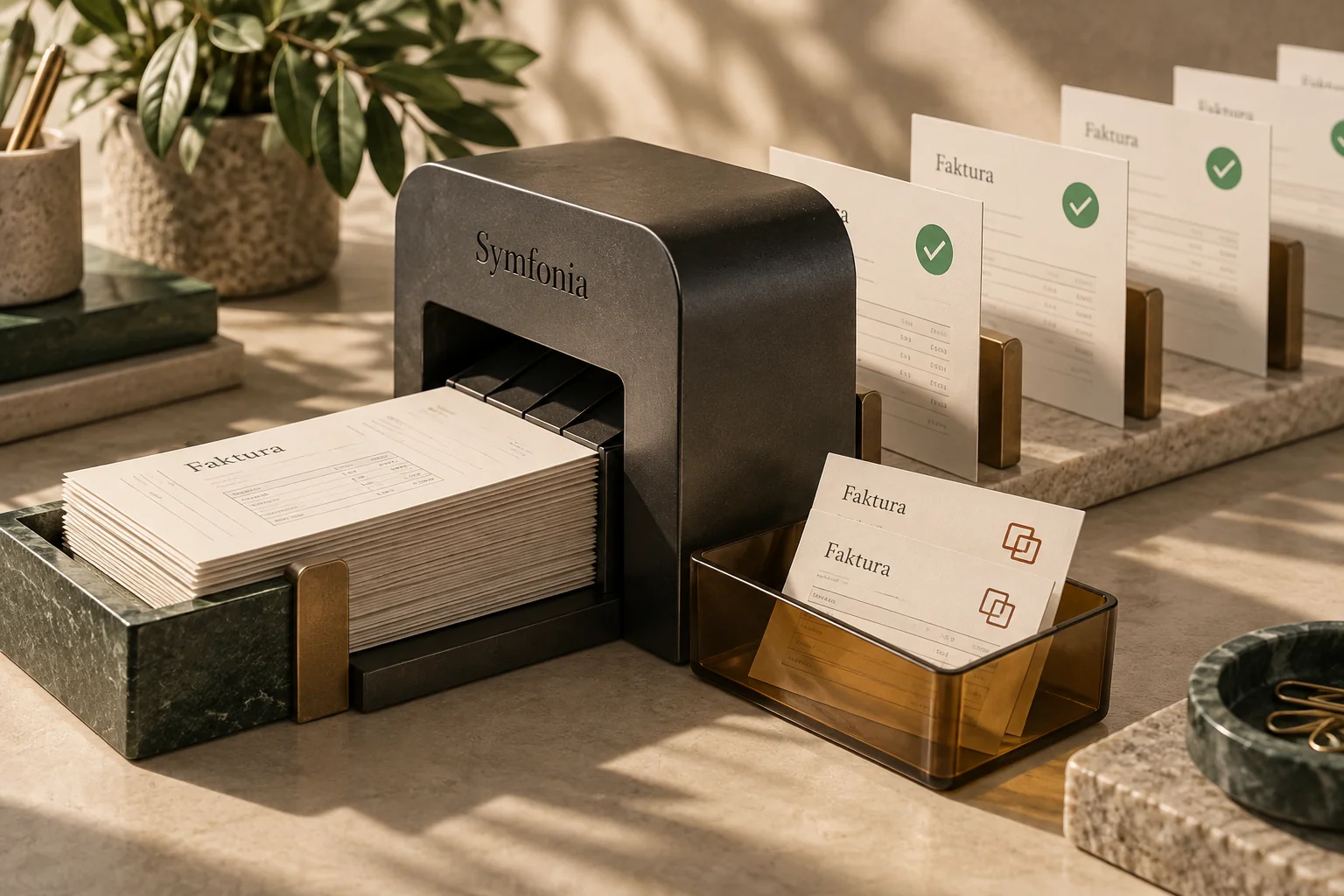 Invoice printer with stacked documents on desk