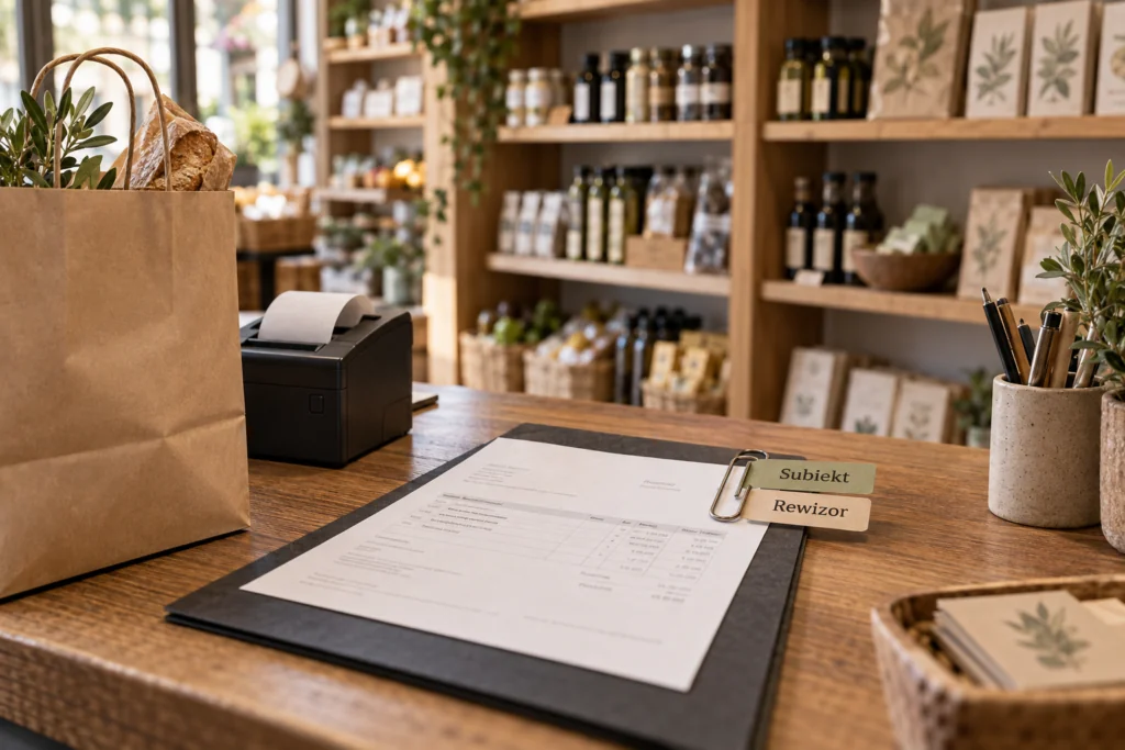 Retail shop counter with bags and invoice.