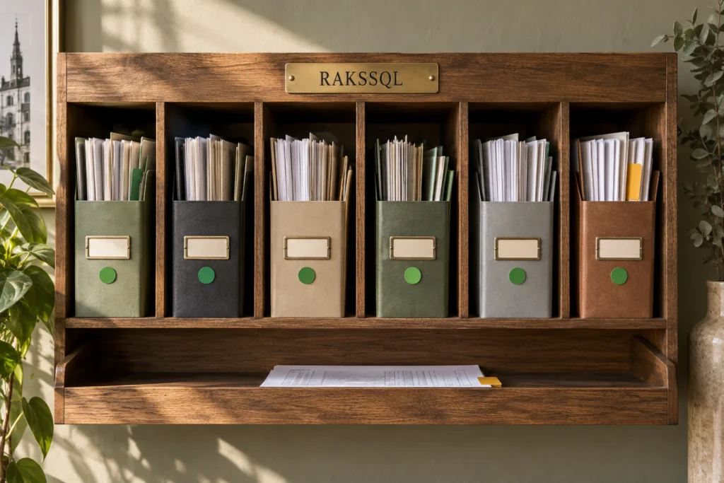 Wooden shelving unit with organised file holders.