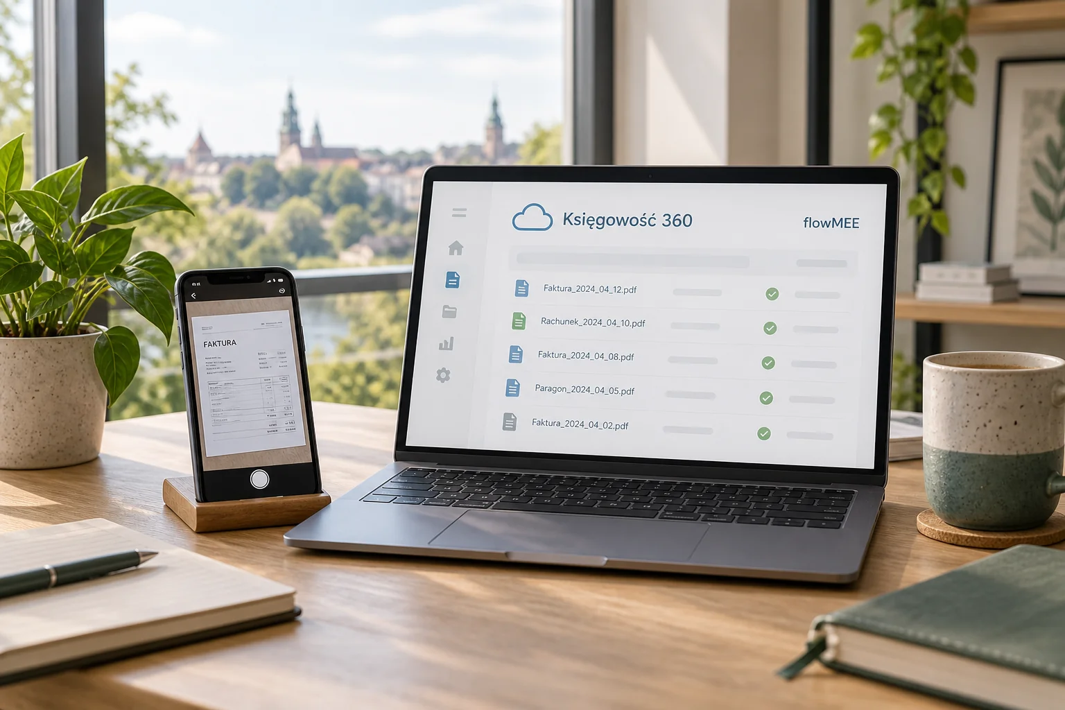 Laptop and phone with accounting software displayed.