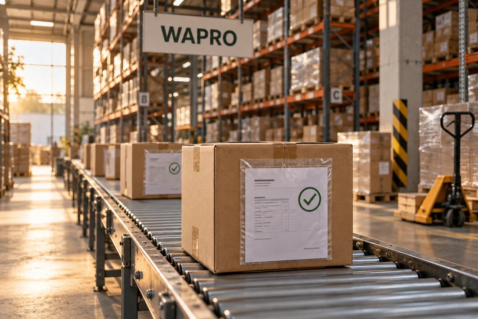 Boxes on conveyor in warehouse with shelves.
