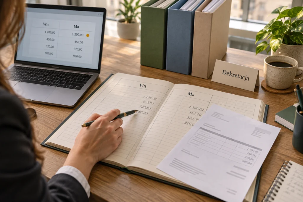 Person working on financial documents at office desk.