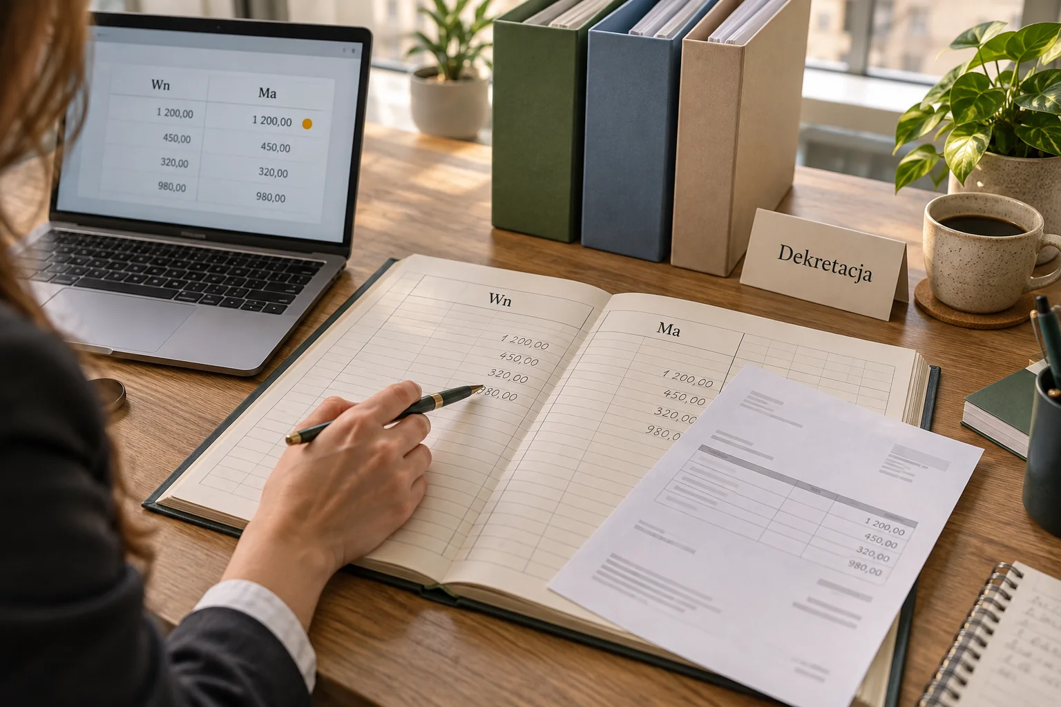 Person working on financial documents at office desk.