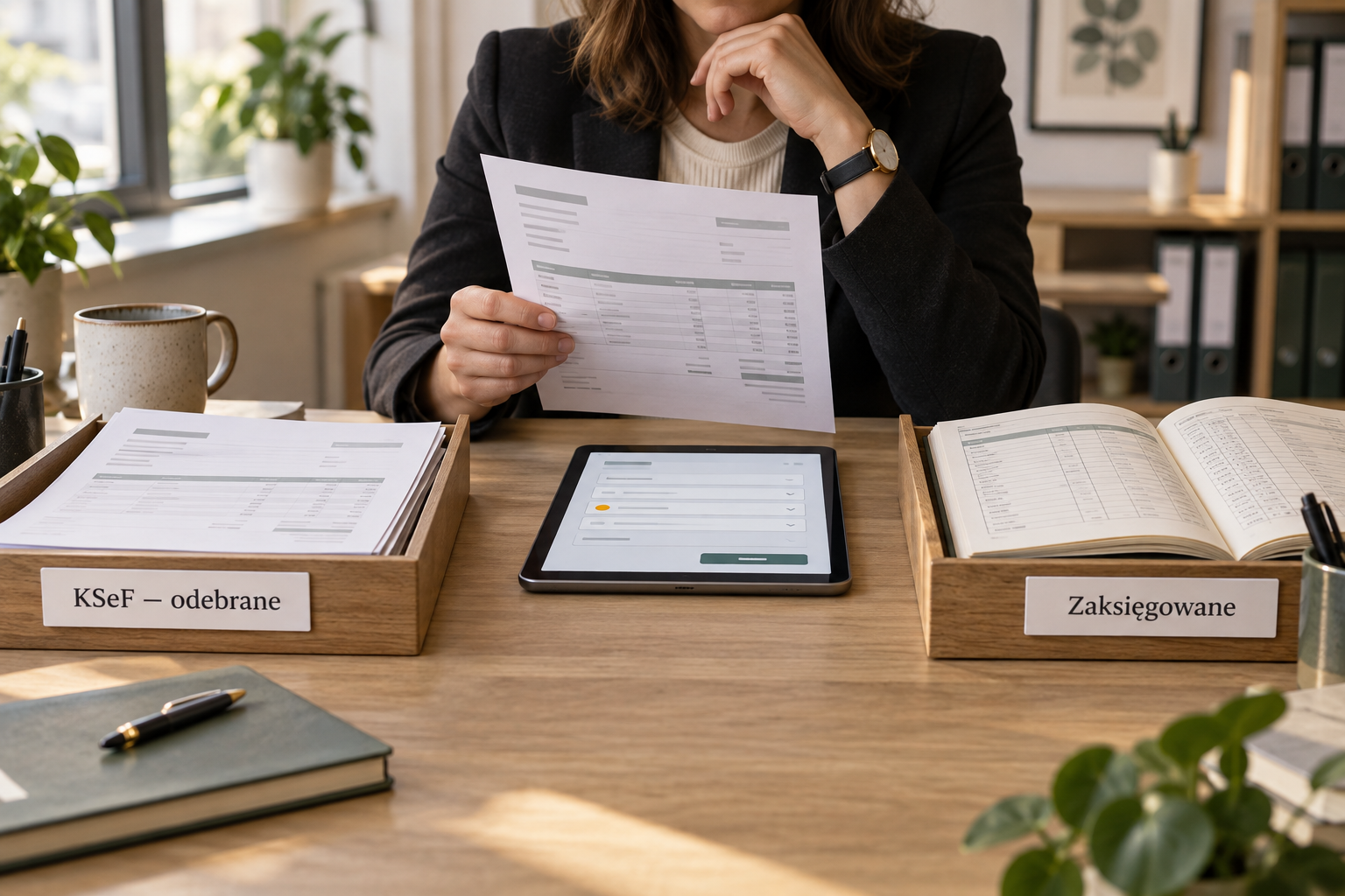 Person reviewing financial documents at desk with tablet.