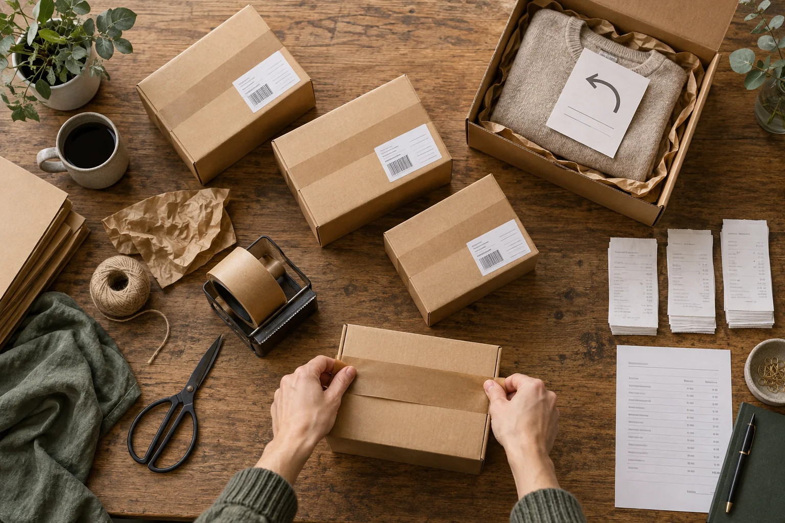 Person packing cardboard boxes on a wooden table.