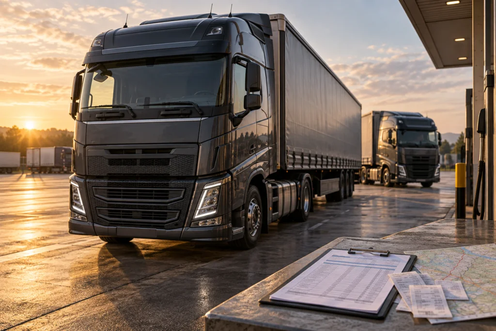 Lorries at fuel station, sunrise background.
