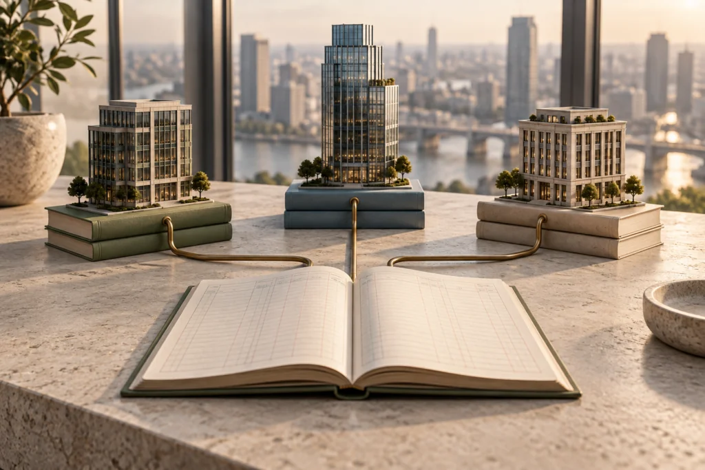 Miniature buildings on books with an open journal.