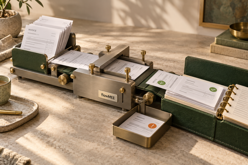 FlowMEE invoice organiser on stone desk.