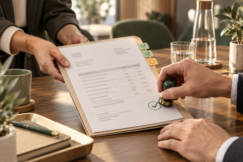 Person stamps approved documents on desk.
