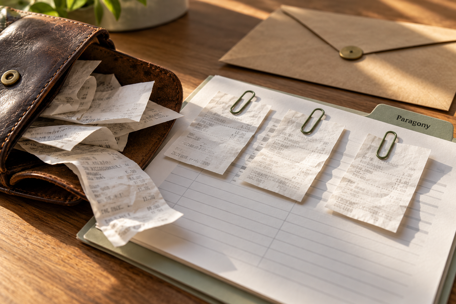 Organised receipts clipped in a folder and wallet