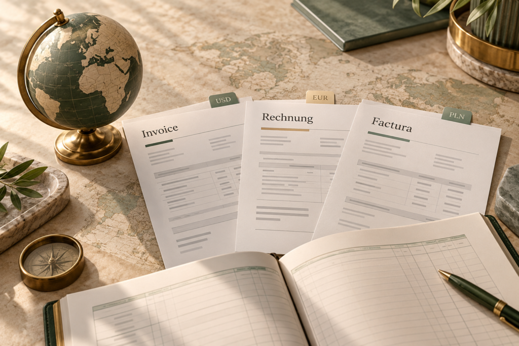 International invoices, globe, and financial documents on map