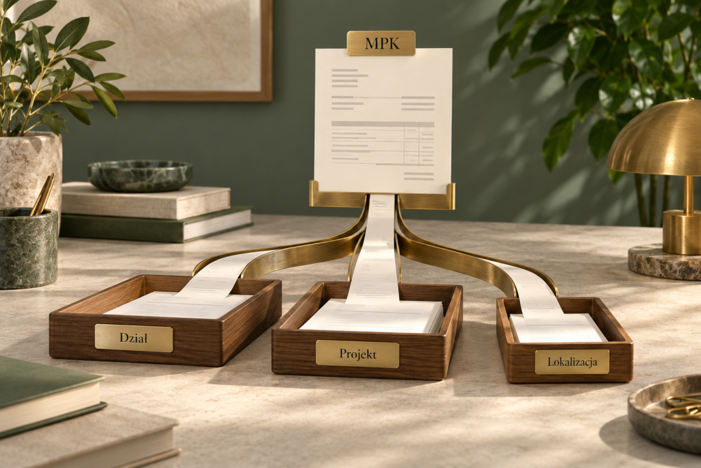 Elegant document sorter on wooden desk with plants.