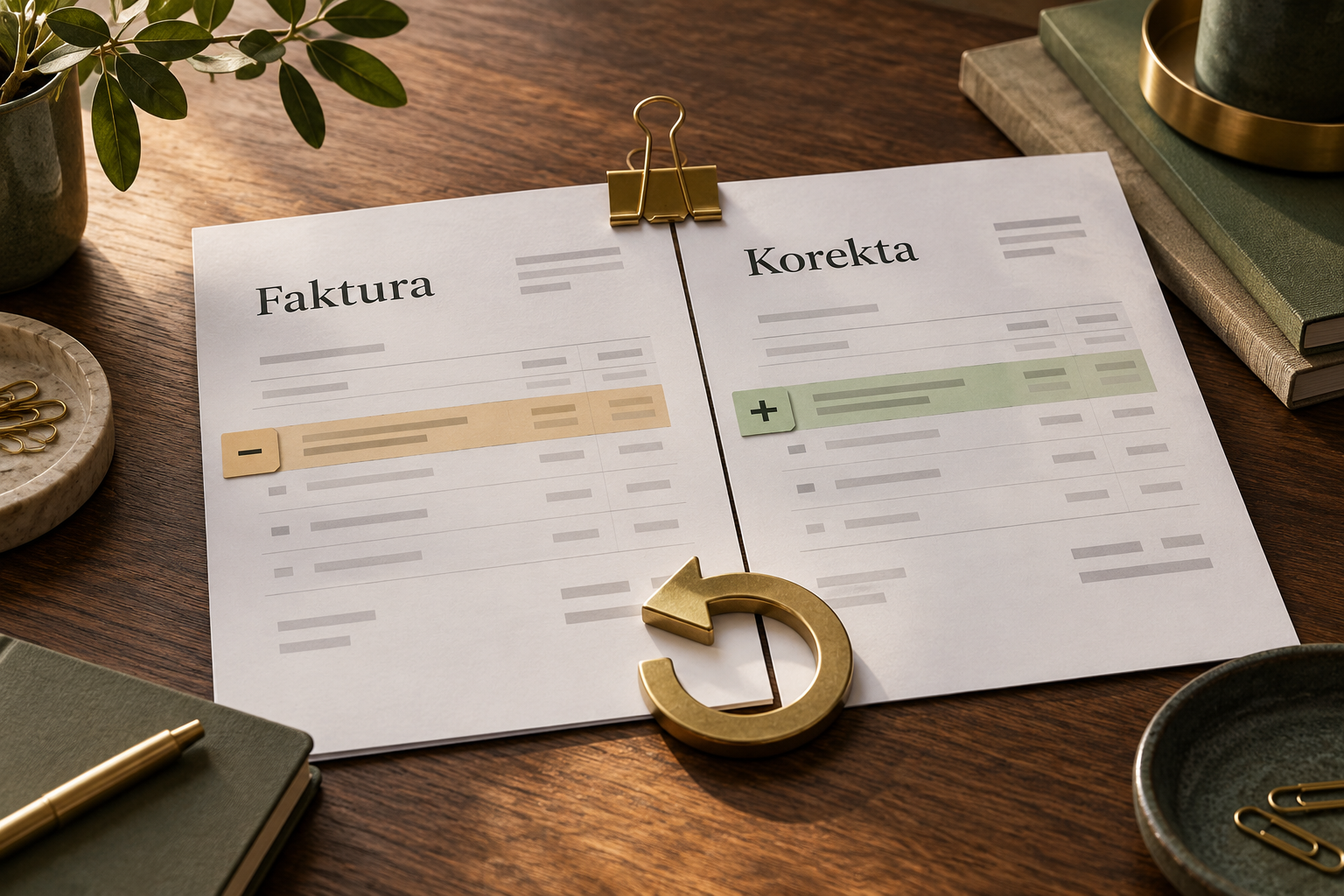 Invoice and correction documents on wooden desk.