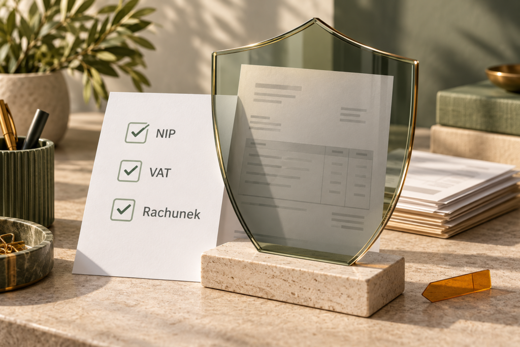 Checklists for NIP, VAT, and invoice on desk.