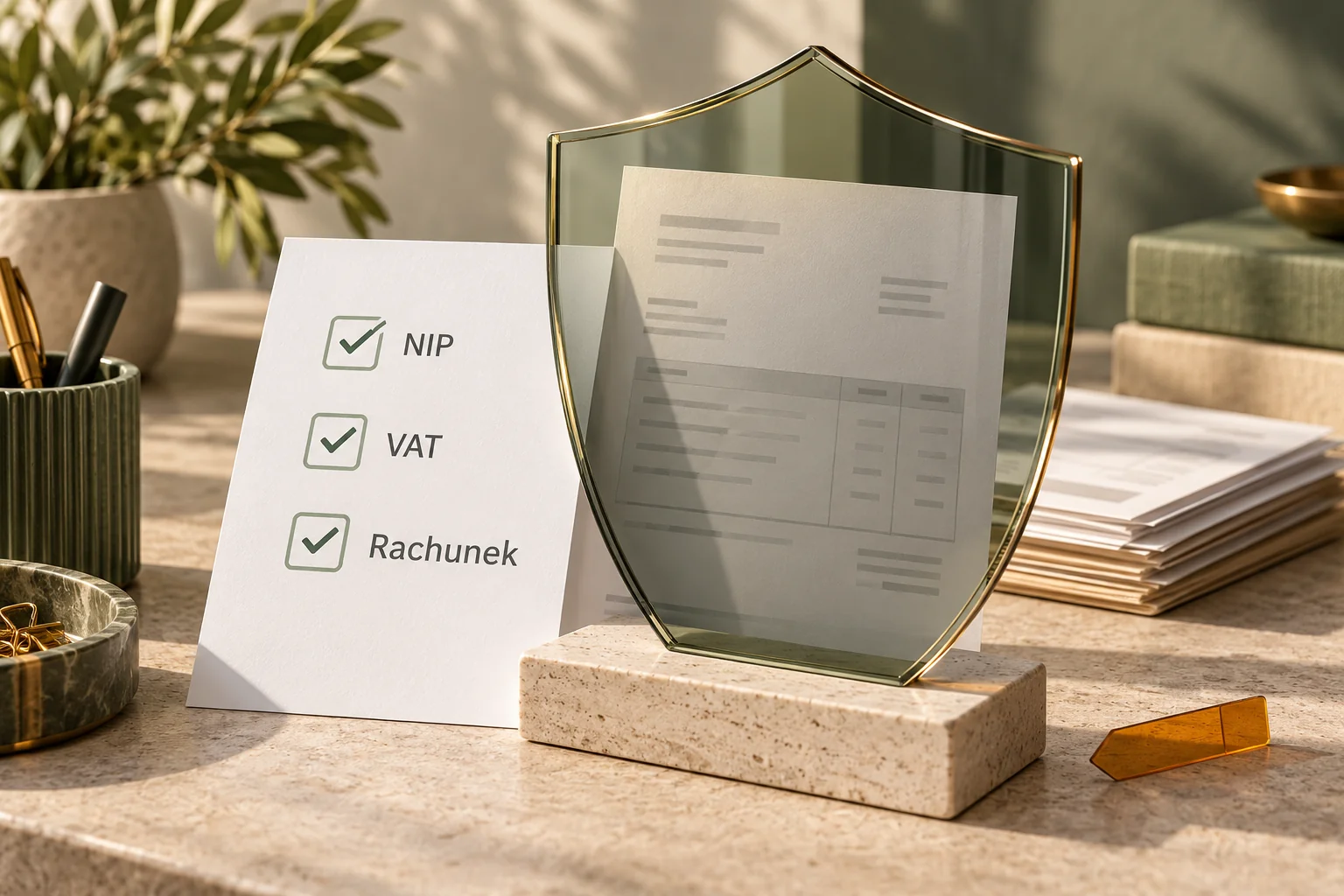 Checklists for NIP, VAT, and invoice on desk.