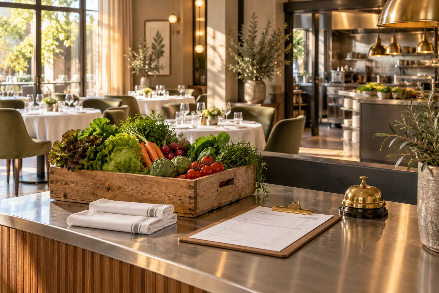 Restaurant kitchen with fresh vegetables on counter.