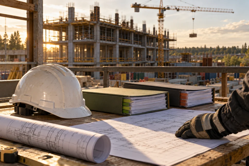 Construction site with blueprints and safety helmet.