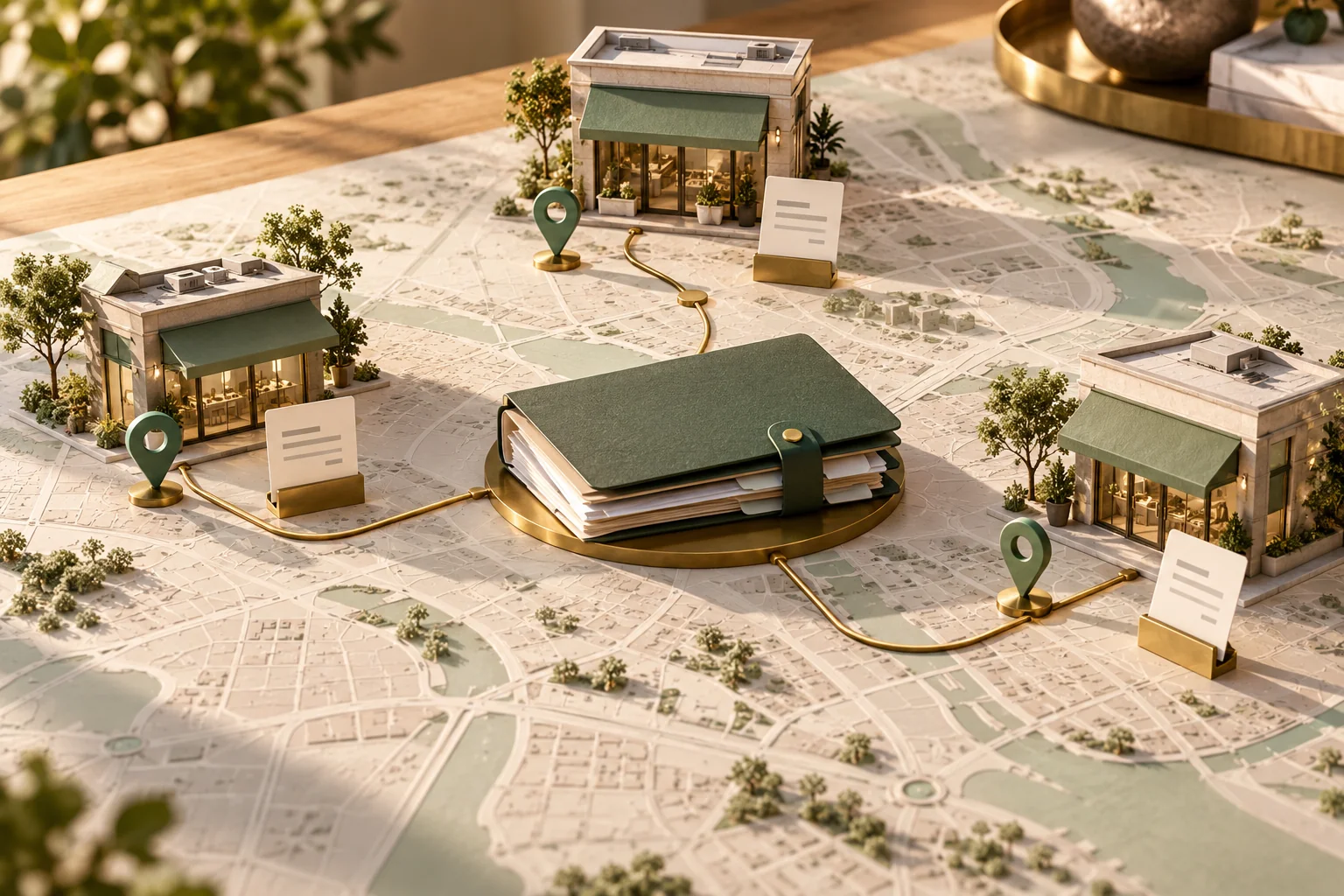 Miniature buildings on map with notebook and markers.