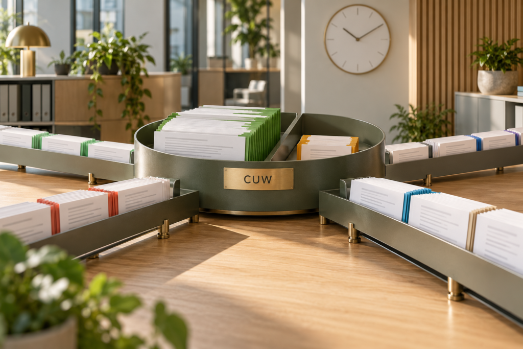 Modern office filing system with colour-coded folders.