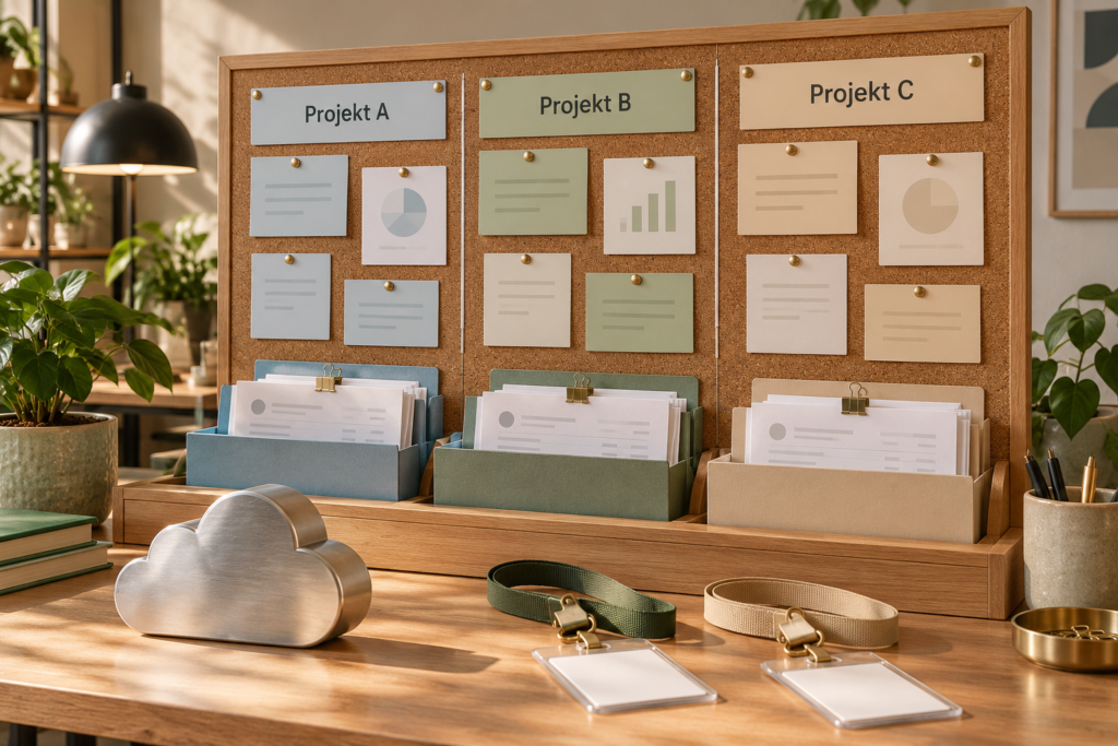 Organised project planning board with file dividers.