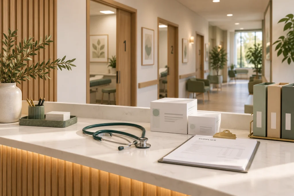 Medical reception desk with stethoscope and paperwork.