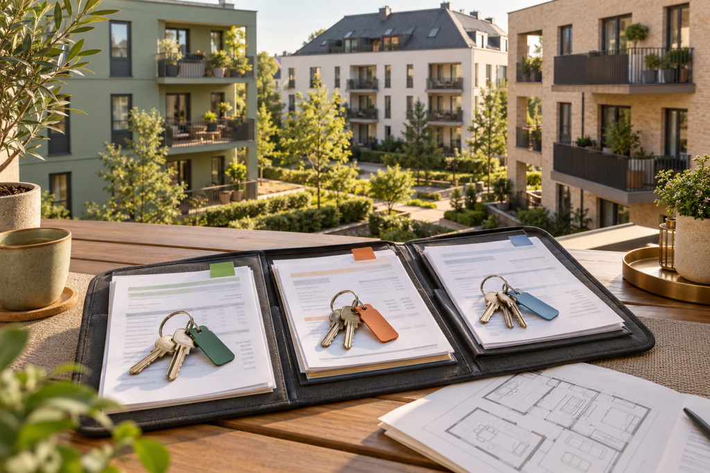 Property keys and documents on table overlooking flats.